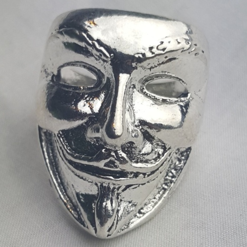 Anonymous Guy Fawkes Mask Punk Rock Ring Silver